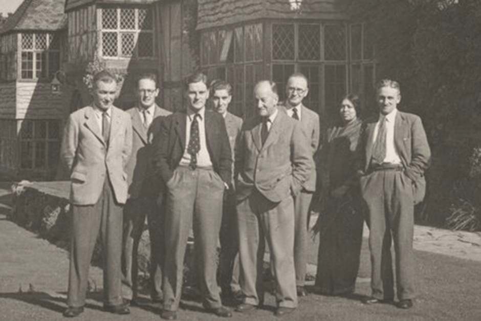Dr Janaki Ammal with colleagues outside The Old Laboratory at RHS Wisley